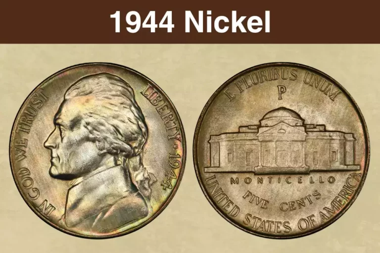 1944 Jefferson nickel obverse and reverse showing the large wartime mint mark above Monticello