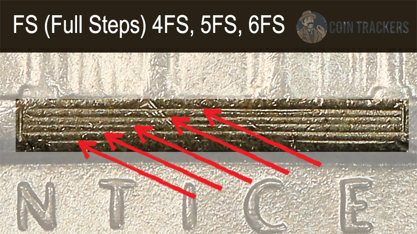 Close-up of 1944 Jefferson nickel reverse showing Full Steps designation with five complete horizontal lines at Monticello base