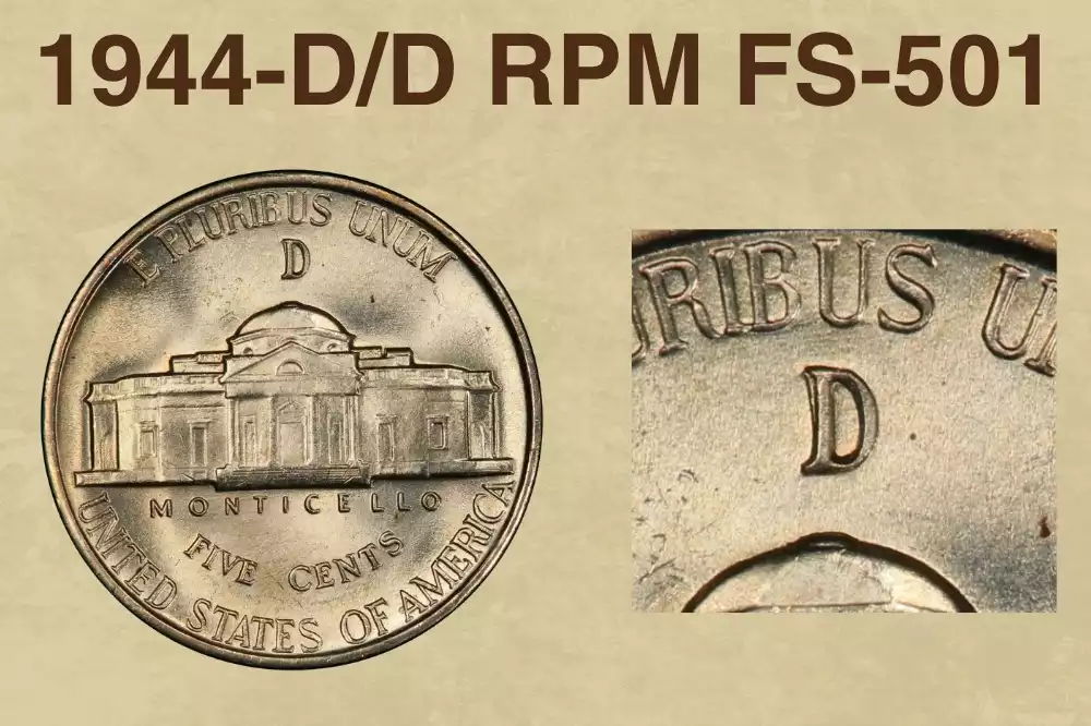 Close-up of 1944-D Jefferson nickel showing the FS-501 repunched D/D mintmark with secondary D overlapping the primary