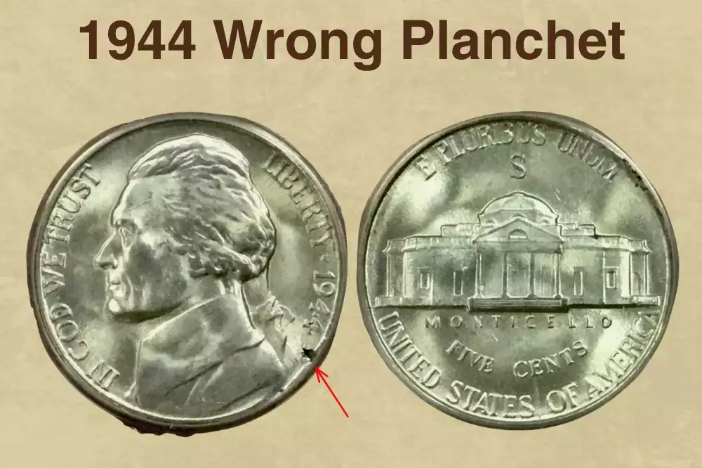 1944 nickel wrong planchet error struck on a copper penny blank showing copper coloration and size difference versus a normal wartime nickel