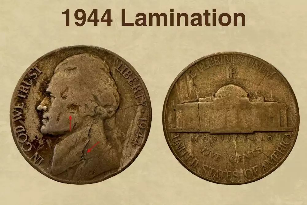 1944 wartime Jefferson nickel lamination error showing surface metal peeling or flaking caused by the unstable wartime silver alloy