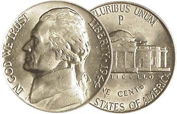 Group of 1944 wartime Jefferson nickels showing all three mint marks — P, D, and S — arranged reverse-side up above Monticello