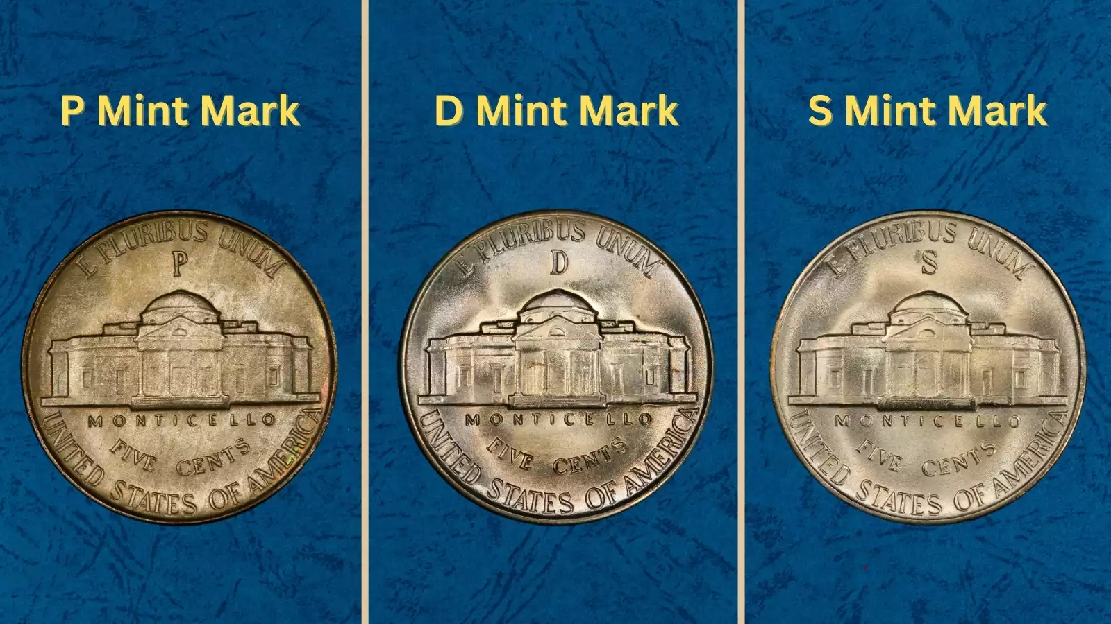 Grading strip showing four 1944 Jefferson nickels in four condition tiers: worn, circulated, AU-50, and gem Mint State